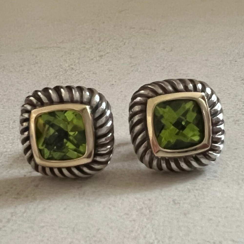 DAVID YURMAN Green Peridot Square Cushion Cable Silver & 14K Gold Earrings